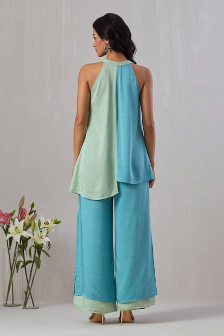 Shop Grass & Sunshine Green Viscose, Satin Embroidery Split V-neck Solid Top And Double-layered Pant Set at Aza Fashions Shop_Grass & Sunshine_Green Viscose, Satin Embroidery Split V-neck Solid Top And Double-layered Pant Set _at_Aza_Fashions