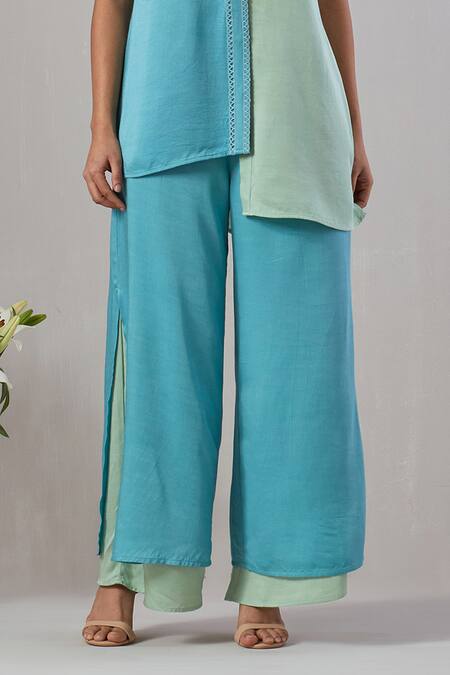 Grass & Sunshine Green Viscose, Satin Embroidery Split V-neck Solid Top And Double-layered Pant Set Online at Aza Fashions Grass & Sunshine_Green Viscose, Satin Embroidery Split V-neck Solid Top And Double-layered Pant Set _Online_at_Aza_Fashions