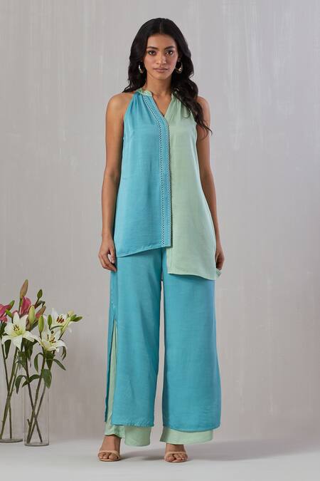 Buy Grass & Sunshine Green Viscose, Satin Embroidery Split V-neck Solid Top And Double-layered Pant Set Online at Aza Fashions Buy_Grass & Sunshine_Green Viscose, Satin Embroidery Split V-neck Solid Top And Double-layered Pant Set _Online_at_Aza_Fashions