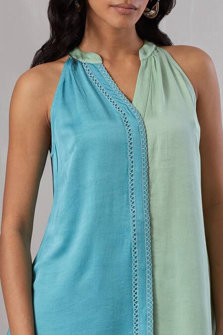 Shop Grass & Sunshine Green Viscose, Satin Embroidery Split V-neck Solid Top And Double-layered Pant Set Online at Aza Fashions Shop_Grass & Sunshine_Green Viscose, Satin Embroidery Split V-neck Solid Top And Double-layered Pant Set _Online_at_Aza_Fashions