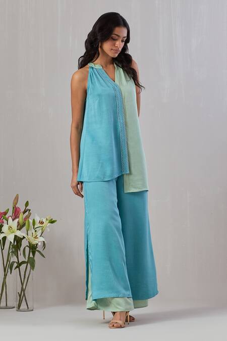 Grass & Sunshine Green Viscose, Satin Embroidery Split V-neck Solid Top And Double-layered Pant Set at Aza Fashions Grass & Sunshine_Green Viscose, Satin Embroidery Split V-neck Solid Top And Double-layered Pant Set _at_Aza_Fashions