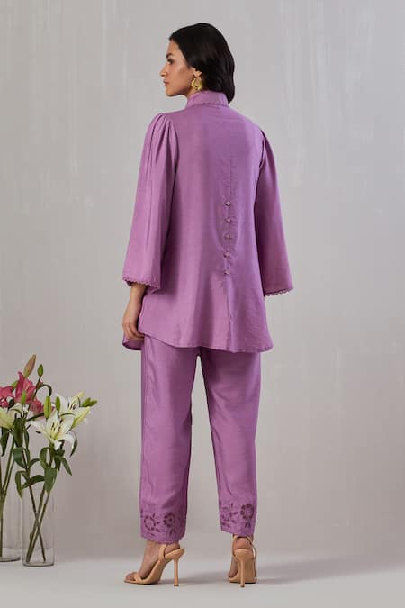 Shop Grass & Sunshine Purple Viscose Embroidery, Cut Work Collared Shirt And Pant Set at Aza Fashions Shop_Grass & Sunshine_Purple Viscose Embroidery, Cut Work Collared Shirt And Pant Set _at_Aza_Fashions