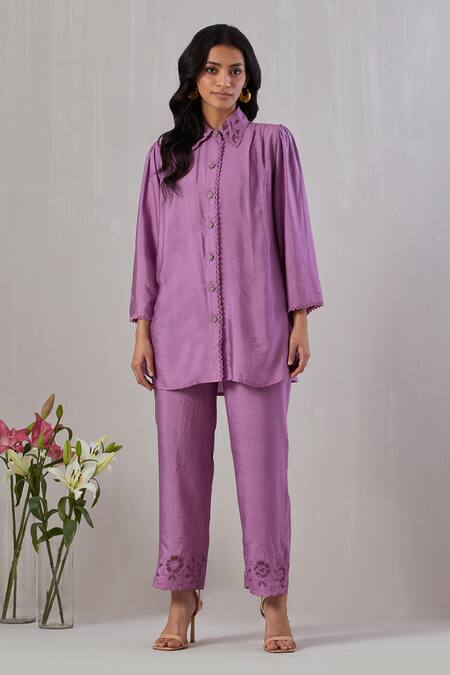 Grass & Sunshine Purple Viscose Embroidery, Cut Work Collared Shirt And Pant Set Online at Aza Fashions Grass & Sunshine_Purple Viscose Embroidery, Cut Work Collared Shirt And Pant Set _Online_at_Aza_Fashions