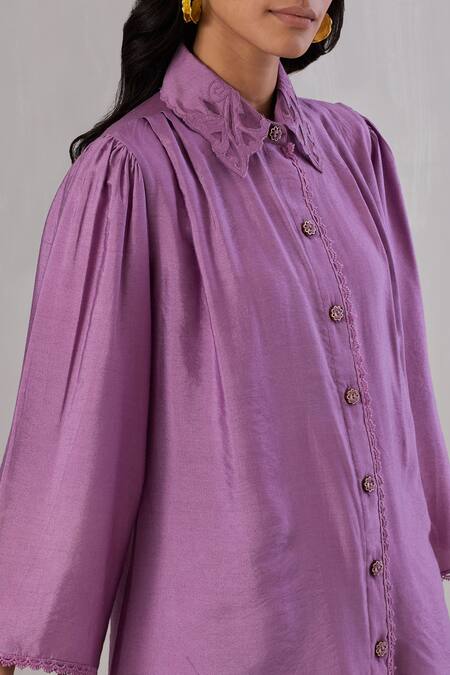 Buy Grass & Sunshine Purple Viscose Embroidery, Cut Work Collared Shirt And Pant Set Online at Aza Fashions Buy_Grass & Sunshine_Purple Viscose Embroidery, Cut Work Collared Shirt And Pant Set _Online_at_Aza_Fashions