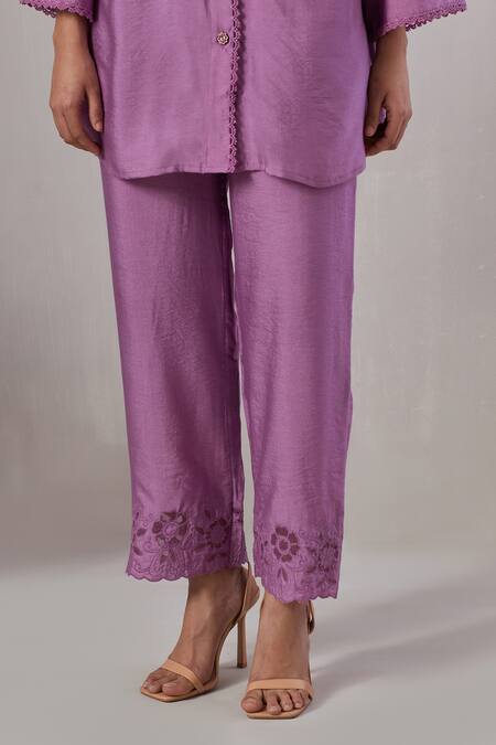 Shop Grass & Sunshine Purple Viscose Embroidery, Cut Work Collared Shirt And Pant Set Online at Aza Fashions Shop_Grass & Sunshine_Purple Viscose Embroidery, Cut Work Collared Shirt And Pant Set _Online_at_Aza_Fashions