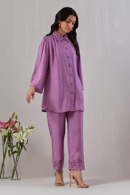 Grass & Sunshine Purple Viscose Embroidery, Cut Work Collared Shirt And Pant Set at Aza Fashions Grass & Sunshine_Purple Viscose Embroidery, Cut Work Collared Shirt And Pant Set _at_Aza_Fashions