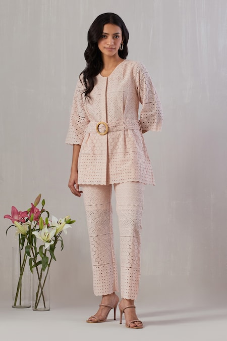 Grass & Sunshine Pink Cotton Embroidered Broderie Anglasie Round Top And Pant Set 