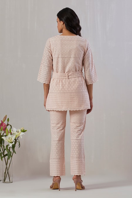 Shop Grass & Sunshine Pink Cotton Embroidery Round Neck Top And Pant Set at Aza Fashions Shop_Grass & Sunshine_Pink Cotton Embroidery Round Neck Top And Pant Set _at_Aza_Fashions