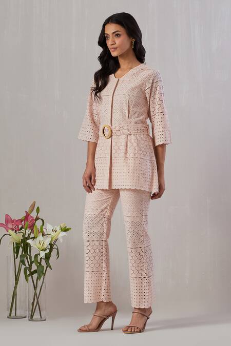 Buy Grass & Sunshine Pink Cotton Embroidery Round Neck Top And Pant Set Online at Aza Fashions Buy_Grass & Sunshine_Pink Cotton Embroidery Round Neck Top And Pant Set _Online_at_Aza_Fashions