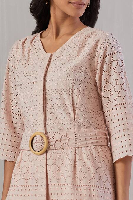 Shop Grass & Sunshine Pink Cotton Embroidery Round Neck Top And Pant Set Online at Aza Fashions Shop_Grass & Sunshine_Pink Cotton Embroidery Round Neck Top And Pant Set _Online_at_Aza_Fashions