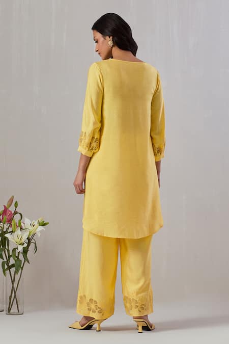 Shop_Grass & Sunshine_Yellow Viscose Embroidery, Cut Work Split V-neck Floral Kurta And Pant Set _at_Aza_Fashions