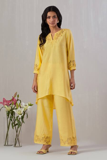 Grass & Sunshine_Yellow Viscose Embroidery, Cut Work Split V-neck Floral Kurta And Pant Set _Online_at_Aza_Fashions