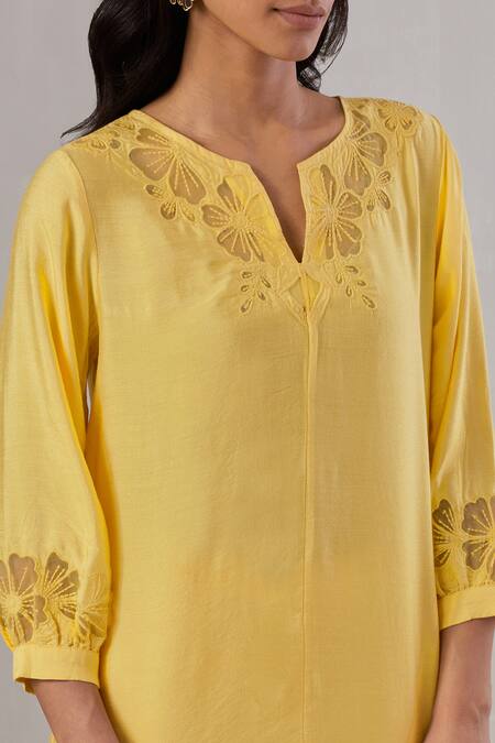 Buy_Grass & Sunshine_Yellow Viscose Embroidery, Cut Work Split V-neck Floral Kurta And Pant Set _Online_at_Aza_Fashions