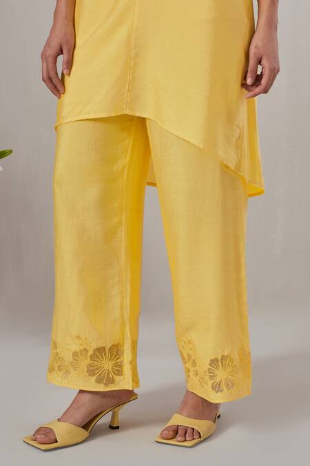 Shop_Grass & Sunshine_Yellow Viscose Embroidery, Cut Work Split V-neck Floral Kurta And Pant Set _Online_at_Aza_Fashions