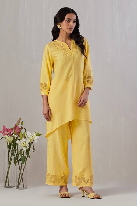 Grass & Sunshine_Yellow Viscose Embroidery, Cut Work Split V-neck Floral Kurta And Pant Set _at_Aza_Fashions
