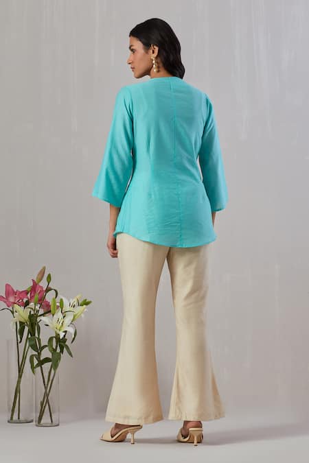 Shop Grass & Sunshine Blue Chanderi Embroidery Collared Applique Shirt And Pant Set at Aza Fashions Shop_Grass & Sunshine_Blue Chanderi Embroidery Collared Applique Shirt And Pant Set _at_Aza_Fashions