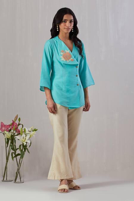 Grass & Sunshine Blue Chanderi Embroidery Collared Applique Shirt And Pant Set Online at Aza Fashions Grass & Sunshine_Blue Chanderi Embroidery Collared Applique Shirt And Pant Set _Online_at_Aza_Fashions
