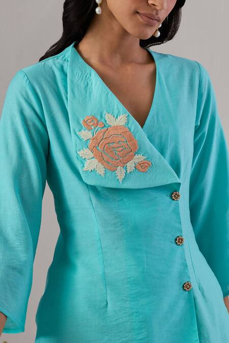 Buy Grass & Sunshine Blue Chanderi Embroidery Collared Applique Shirt And Pant Set Online at Aza Fashions Buy_Grass & Sunshine_Blue Chanderi Embroidery Collared Applique Shirt And Pant Set _Online_at_Aza_Fashions