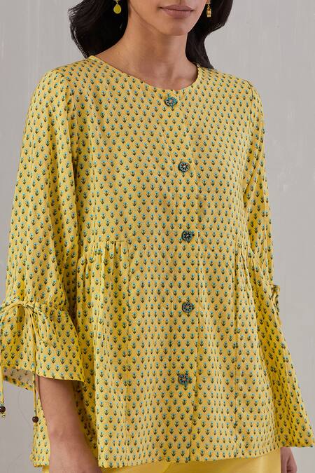 Buy Grass & Sunshine Yellow Viscose Round Neck Flora Spectrum Print Top And Flared Pant Set Online at Aza Fashions Buy_Grass & Sunshine_Yellow Viscose Round Neck Flora Spectrum Print Top And Flared Pant Set _Online_at_Aza_Fashions