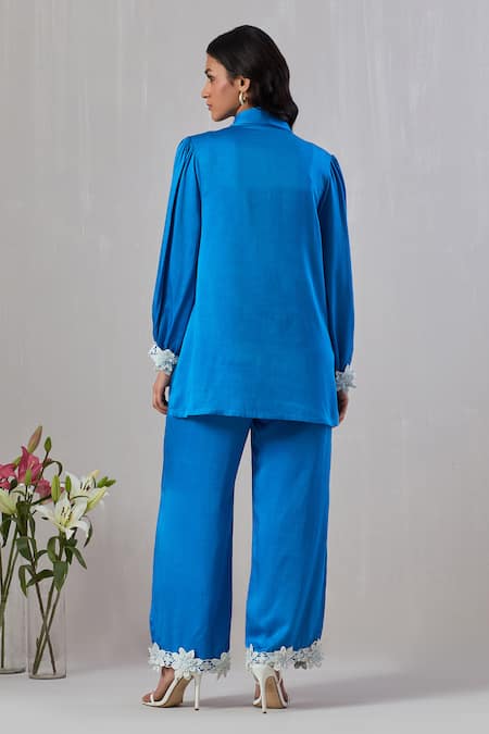 Shop_Grass & Sunshine_Blue Viscose, Satin Lace Shawl Neck Cuff Embroidered Shirt And Pant Set _at_Aza_Fashions