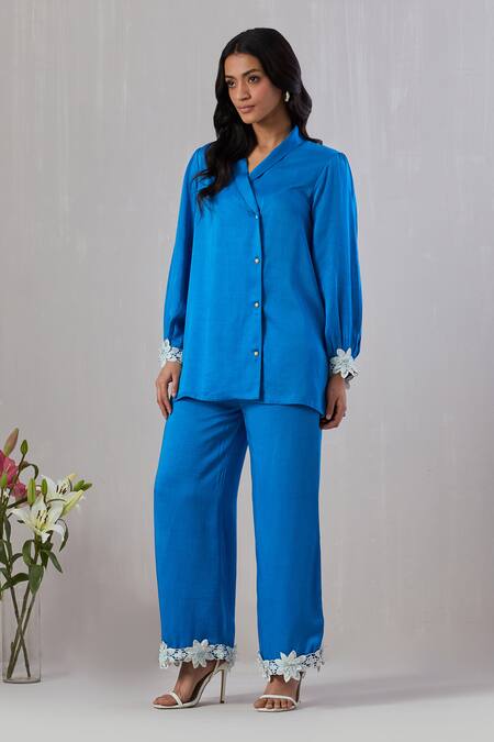 Grass & Sunshine_Blue Viscose, Satin Lace Shawl Neck Cuff Embroidered Shirt And Pant Set _Online_at_Aza_Fashions