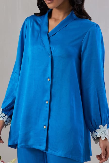Buy_Grass & Sunshine_Blue Viscose, Satin Lace Shawl Neck Cuff Embroidered Shirt And Pant Set _Online_at_Aza_Fashions