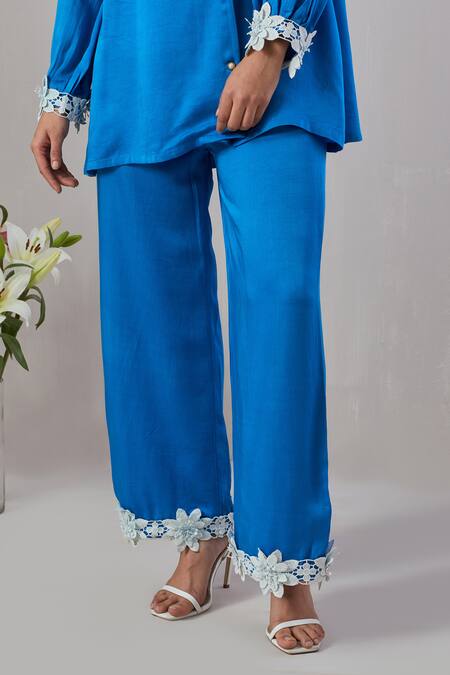 Shop_Grass & Sunshine_Blue Viscose, Satin Lace Shawl Neck Cuff Embroidered Shirt And Pant Set _Online_at_Aza_Fashions
