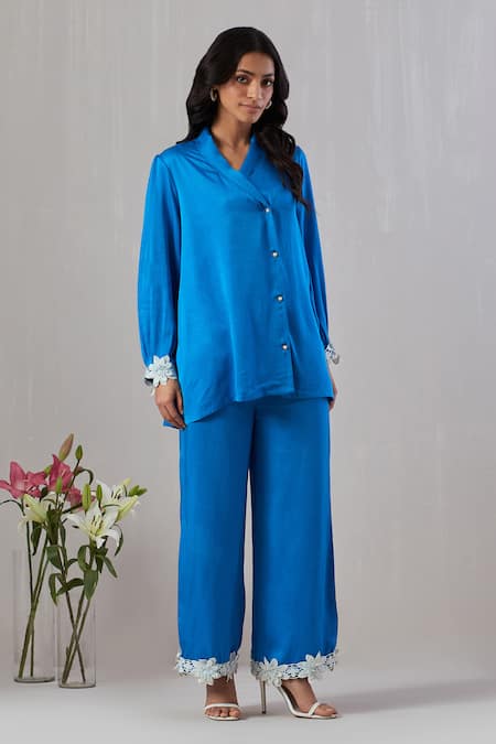 Grass & Sunshine_Blue Viscose, Satin Lace Shawl Neck Cuff Embroidered Shirt And Pant Set _at_Aza_Fashions