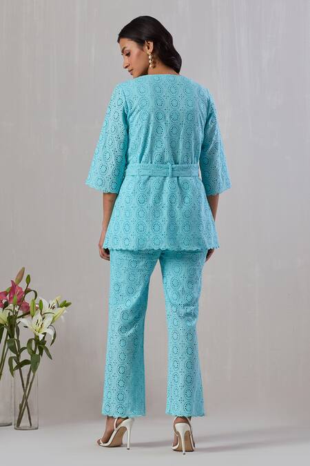 Shop_Grass & Sunshine_Blue Cotton Embroidery Round Neck Top And Pant Set _at_Aza_Fashions