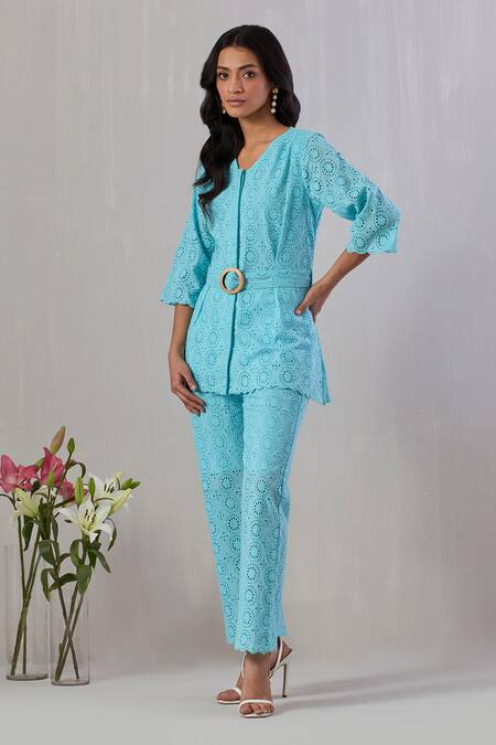 Grass & Sunshine_Blue Cotton Embroidery Round Neck Top And Pant Set _Online_at_Aza_Fashions