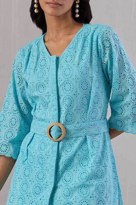 Buy_Grass & Sunshine_Blue Cotton Embroidery Round Neck Top And Pant Set _Online_at_Aza_Fashions
