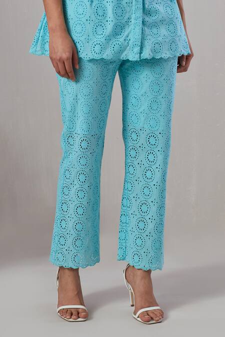 Shop_Grass & Sunshine_Blue Cotton Embroidery Round Neck Top And Pant Set _Online_at_Aza_Fashions