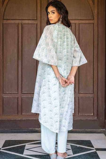 Grass & Sunshine Green Chanderi, Modal Embroidery Open Floral Print Jacket And Dhoti Pant Set Online at Aza Fashions Grass & Sunshine_Green Chanderi, Modal Embroidery Open Floral Print Jacket And Dhoti Pant Set _Online_at_Aza_Fashions