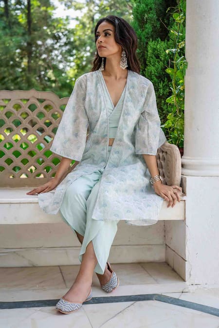 Buy Grass & Sunshine Green Chanderi, Modal Embroidery Open Floral Print Jacket And Dhoti Pant Set Online at Aza Fashions Buy_Grass & Sunshine_Green Chanderi, Modal Embroidery Open Floral Print Jacket And Dhoti Pant Set _Online_at_Aza_Fashions