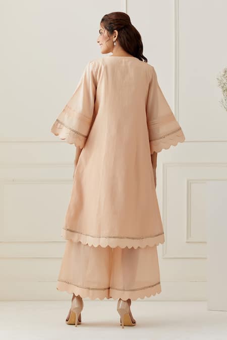 Grass & Sunshine_Peach Chanderi Button-down Neck Kurta Pant Set _Online_at_Aza_Fashions