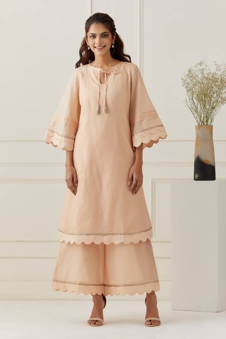 Buy_Grass & Sunshine_Peach Chanderi Button-down Neck Kurta Pant Set _Online_at_Aza_Fashions