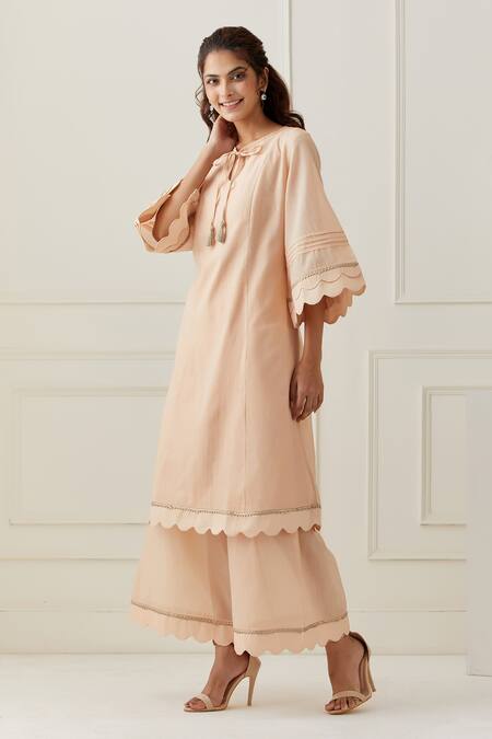 Shop_Grass & Sunshine_Peach Chanderi Button-down Neck Kurta Pant Set _Online_at_Aza_Fashions