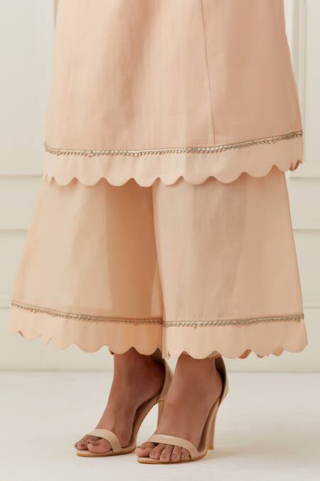 Grass & Sunshine_Peach Chanderi Button-down Neck Kurta Pant Set _at_Aza_Fashions