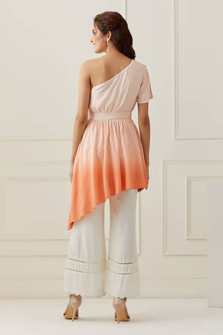 Shop_Grass & Sunshine_Off White Modal One Shoulder Solid Kurta And Pant Set _at_Aza_Fashions