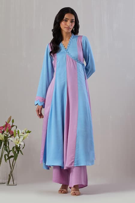 Grass & Sunshine Blue Viscose Satin Thread V Neck Solid Angrakha Kurta And Pant Set 