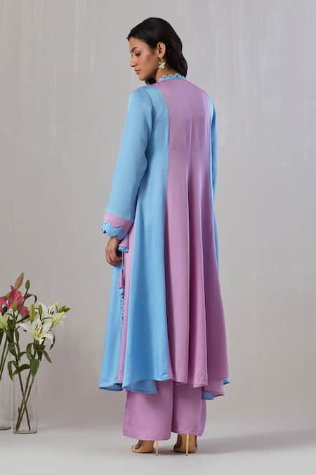 Shop Grass & Sunshine Blue Viscose, Satin Embroidery V-neck Solid Angrakha Kurta And Pant Set at Aza Fashions Shop_Grass & Sunshine_Blue Viscose, Satin Embroidery V-neck Solid Angrakha Kurta And Pant Set _at_Aza_Fashions