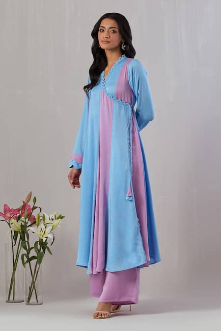 Grass & Sunshine Blue Viscose, Satin Embroidery V-neck Solid Angrakha Kurta And Pant Set Online at Aza Fashions Grass & Sunshine_Blue Viscose, Satin Embroidery V-neck Solid Angrakha Kurta And Pant Set _Online_at_Aza_Fashions