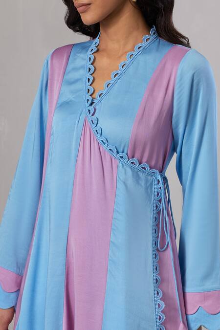 Buy Grass & Sunshine Blue Viscose, Satin Embroidery V-neck Solid Angrakha Kurta And Pant Set Online at Aza Fashions Buy_Grass & Sunshine_Blue Viscose, Satin Embroidery V-neck Solid Angrakha Kurta And Pant Set _Online_at_Aza_Fashions