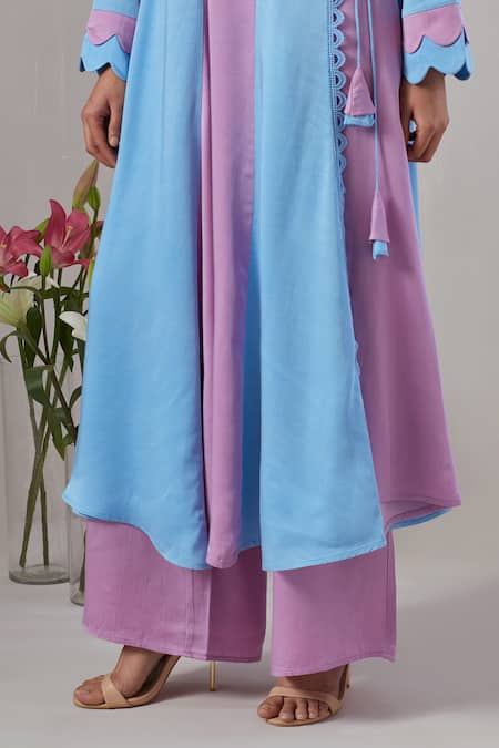 Shop Grass & Sunshine Blue Viscose, Satin Embroidery V-neck Solid Angrakha Kurta And Pant Set Online at Aza Fashions Shop_Grass & Sunshine_Blue Viscose, Satin Embroidery V-neck Solid Angrakha Kurta And Pant Set _Online_at_Aza_Fashions