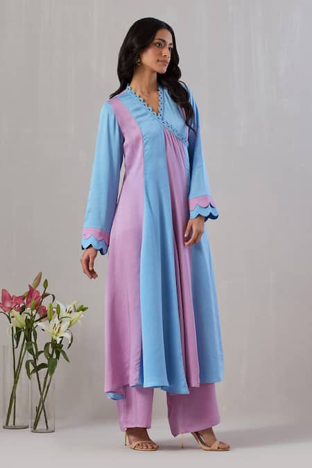 Grass & Sunshine Blue Viscose, Satin Embroidery V-neck Solid Angrakha Kurta And Pant Set at Aza Fashions Grass & Sunshine_Blue Viscose, Satin Embroidery V-neck Solid Angrakha Kurta And Pant Set _at_Aza_Fashions