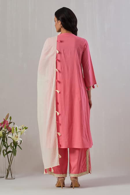 Shop Grass & Sunshine Pink Cotton Lace, Beads, Tassels V-neck Yoke Embroidered Kurta Pant Set at Aza Fashions Shop_Grass & Sunshine_Pink Cotton Lace, Beads, Tassels V-neck Yoke Embroidered Kurta Pant Set _at_Aza_Fashions