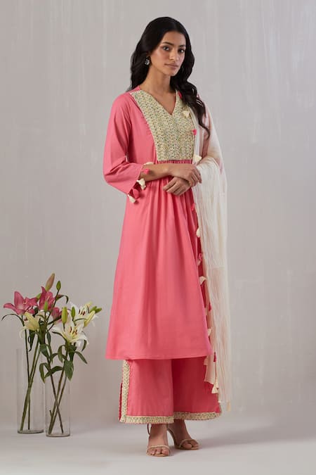 Grass & Sunshine Pink Cotton Lace, Beads, Tassels V-neck Yoke Embroidered Kurta Pant Set Online at Aza Fashions Grass & Sunshine_Pink Cotton Lace, Beads, Tassels V-neck Yoke Embroidered Kurta Pant Set _Online_at_Aza_Fashions