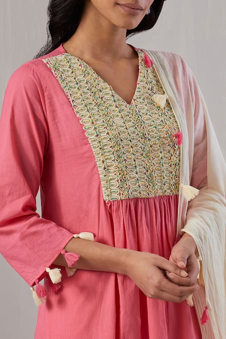 Buy Grass & Sunshine Pink Cotton Lace, Beads, Tassels V-neck Yoke Embroidered Kurta Pant Set Online at Aza Fashions Buy_Grass & Sunshine_Pink Cotton Lace, Beads, Tassels V-neck Yoke Embroidered Kurta Pant Set _Online_at_Aza_Fashions