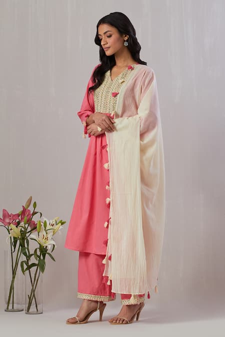 Grass & Sunshine Pink Cotton Lace, Beads, Tassels V-neck Yoke Embroidered Kurta Pant Set at Aza Fashions Grass & Sunshine_Pink Cotton Lace, Beads, Tassels V-neck Yoke Embroidered Kurta Pant Set _at_Aza_Fashions