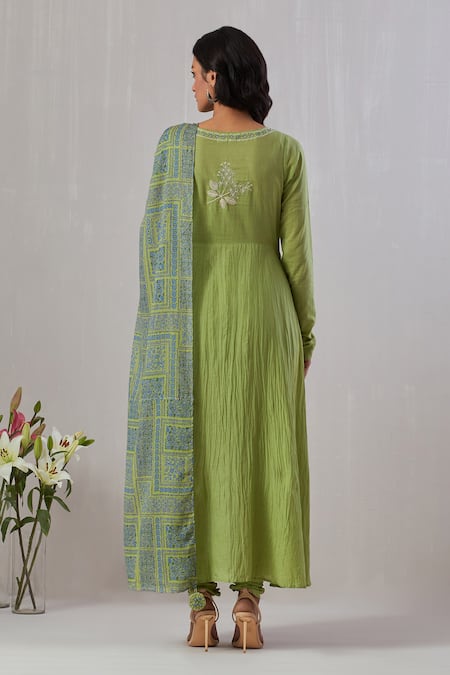 Shop Grass & Sunshine Green Cotton Embroidery Round Neck Desert Dream Anarkali Set at Aza Fashions Shop_Grass & Sunshine_Green Cotton Embroidery Round Neck Desert Dream Anarkali Set _at_Aza_Fashions